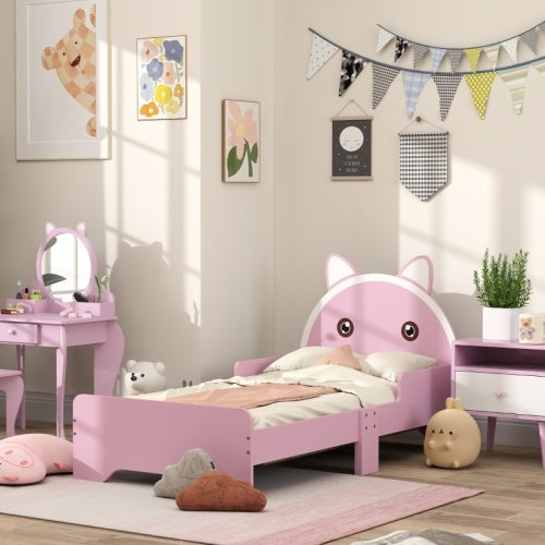 UK Local ZONEKIZ Bed For Kids Cat Design Toddler Bed Frame Bedroom Furniture With Guardrails, For 3-6 Years, 143L X 74W X 72Hcm - Pink