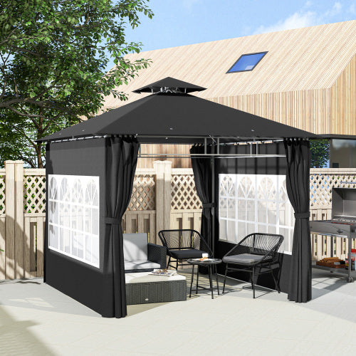 UK Local Outsunny 3 X 3 M Garden Gazebo, Double Roof Metal Gazebo With Removable Sidewalls And Church Windows, Outdoor Canopy Shelter, Black