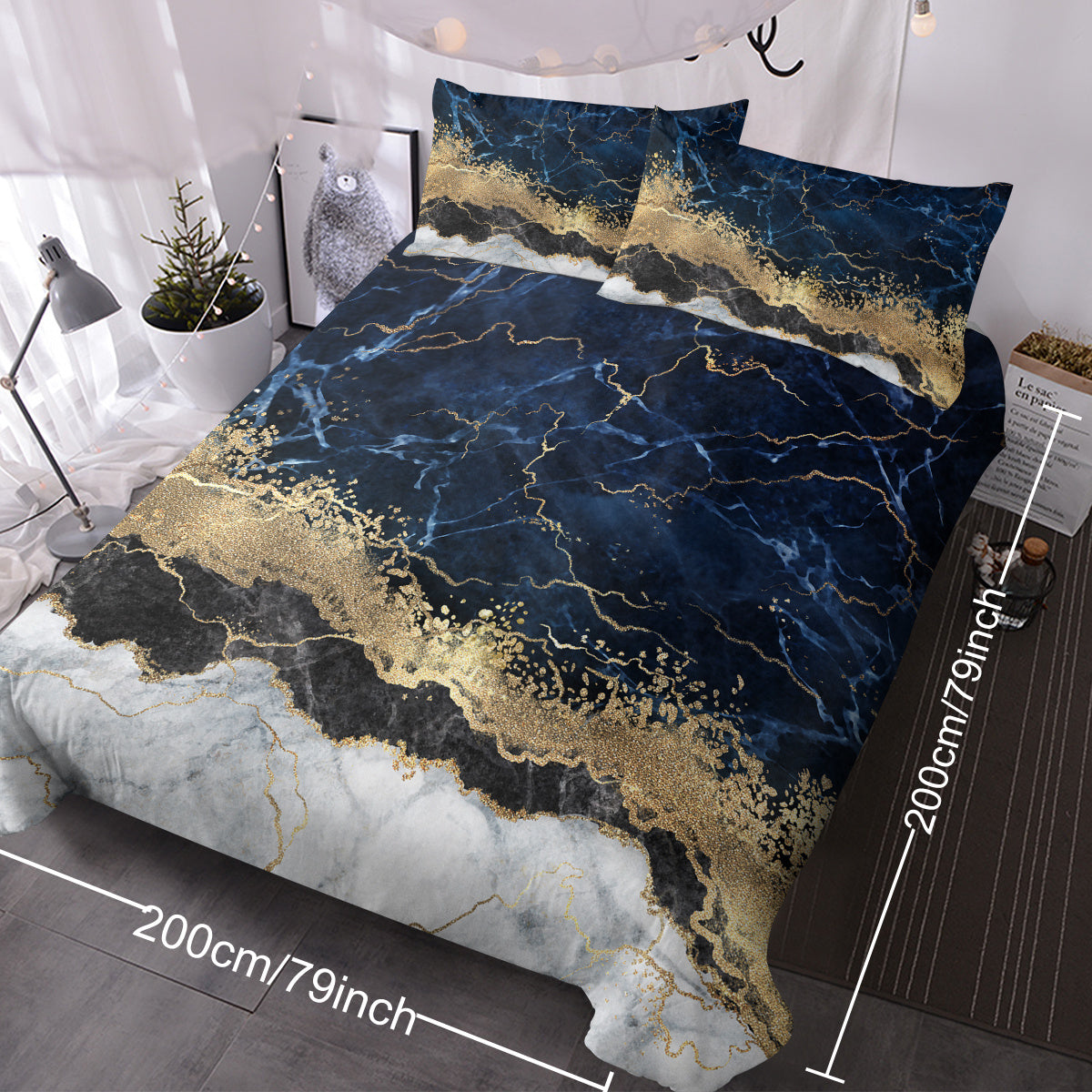 US & UK Local Chic Marble Bedding White Marble Gilded Navy Blue Duvet Cover Set Trendy Printed Design Bed Quilt Cover Set King 1 Duvet Cover 2 Pillowcases