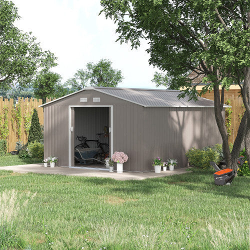 UK Local Outsunny 13 X 11ft Large Garden Shed, Mental Garden Storage Shed With Foundation Kit Ventilation & Doors, Light Grey