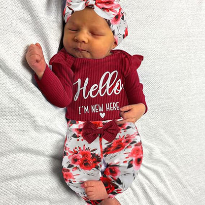 US Local Newborn Baby Girl 'Hello I'm New Here' Romper Set Includes Floral Pants, Hat, Headband, & Coming Home Outfit