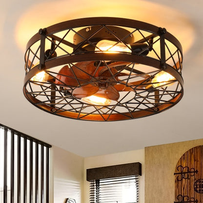 US Local Cage Ceiling Fan With Light, Black, Recessed Ceiling Fan Light, Farmhouse Small Ceiling Fan With Light Fixture, Bedroom Reversible Fan - E26 Bulb Included