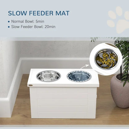 US Local Elevated Dog Bowls With Slow Feeder Mat, Storage Cabinet, 3 Stainless Steel Bowls For Large & Extra Large Dogs, White