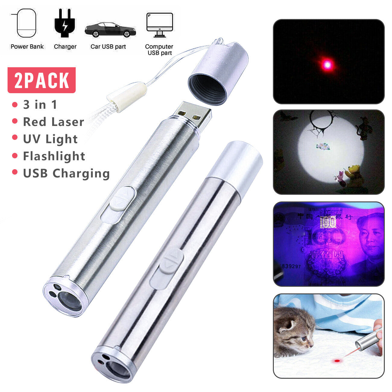 US Local Red Laser Pointer Pen USB Rechargeable LED Light 3 In 1 UV Flashlight 2pcs Cat Dog Toys