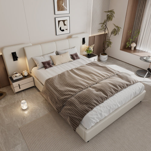 UK Local Upholstered Bed, With Charging Port And Lighting, 4ft6 Double Bed 135x190cm, Soft Sponge Headboard Backrest, Anti-collision Sponge Filling, PU  Plywood,
