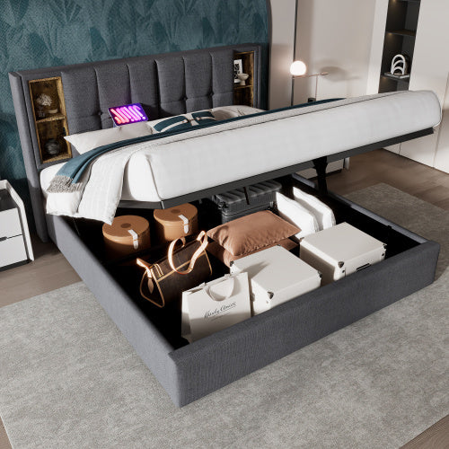 UK Local Upholstered Double Bed 135 X 190cm With Wireless Charging  USB Tyep-C, Hydraulic Storage Bed With Hydraulic Lever, Linen Fabric 4FT6 Double Bed Frame With Large Storage Space, Grey No Mattress