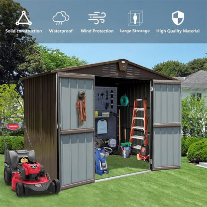 US Local Outdoor Storage Shed 8.2' X 6.2', Metal Steel Utility Tool Shed Storage House With Double Lockable Doors &Air Vents For Backyard Patio Garden Lawn Brown