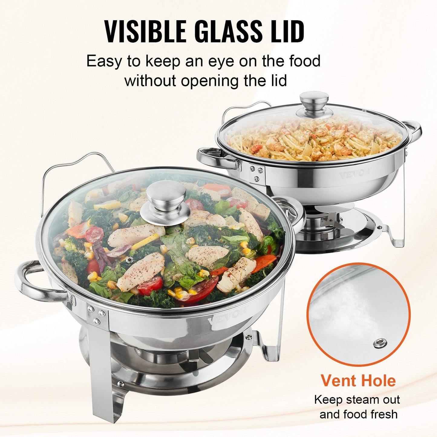 US Local VEVOR 2-Pack Round Chafing Dish Set With Full-Size 4Qt Pan Glass Lid Fuel Holder