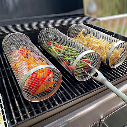 US Local 2Pcs 3.42x11.61Inch Portable BBQ Rolling Basket Round Stainless Steel Grill Mesh Barbecue Net Tube With Removable Cover Outdoor Camping