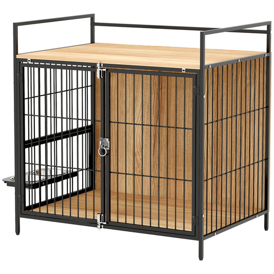 US Local 30 Inch Dog Crate Furniture, Indoor Pet Kennel Side Table With Rotatable Bowls, 2 Anti-Escape Doors, For M Dogs, Oak
