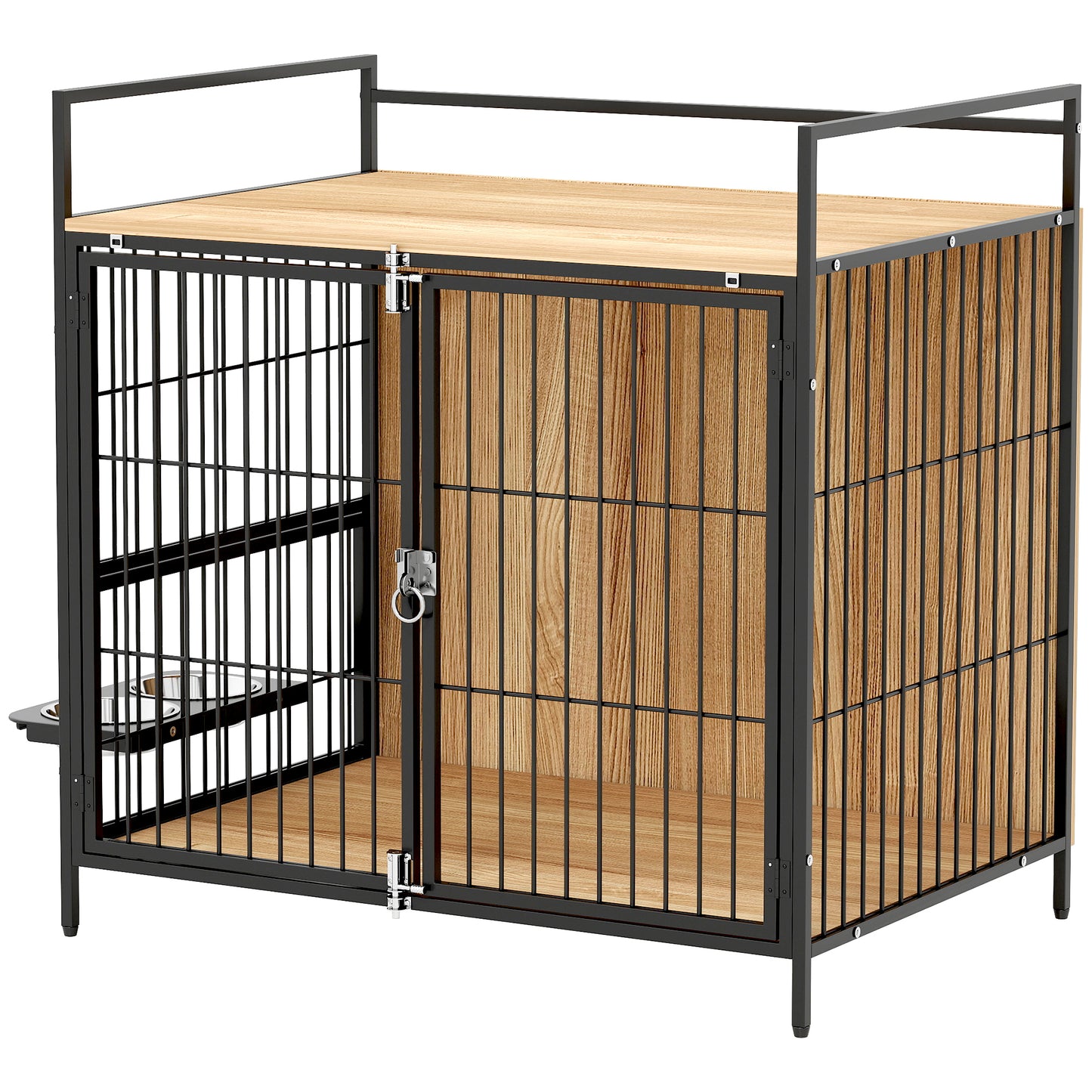 US Local 30 Inch Dog Crate Furniture, Indoor Pet Kennel Side Table With Rotatable Bowls, 2 Anti-Escape Doors, For M Dogs, Oak