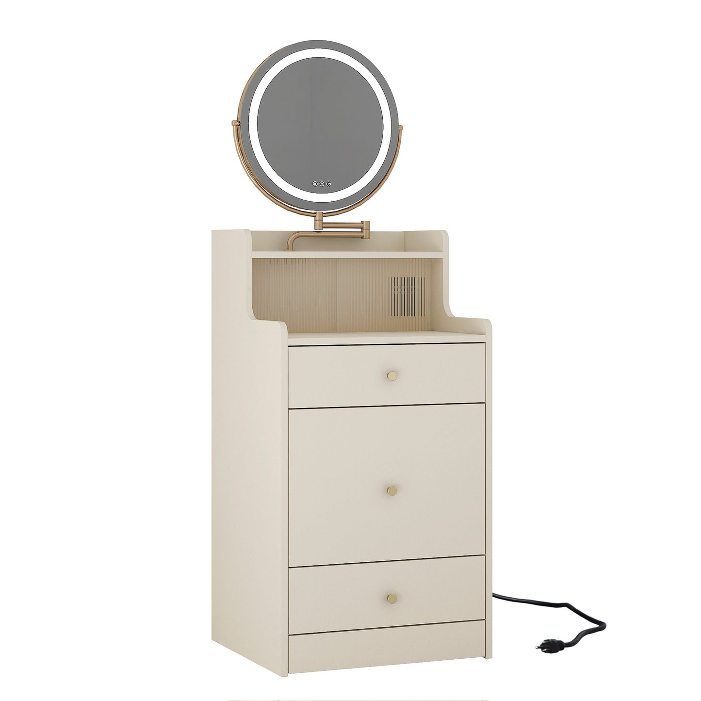 US Local 3 In 1 Vanity Desk With Mirror And Light ,Small Makeup Vanity Set With Charging Station, With 2 Drawers And Open Storage Space, With Upholstered Stool, Compact Dressing Table Writing Desk For Small Sp