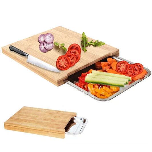 UK Local Bamboo Wooden Chopping Board Cutting Slicing  Sliding Stainless Steel Tray