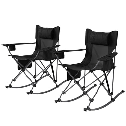US Local Folding Rocking Camping Chairs, Portable Chairs With Headrest, Cooler Bag, Cup Holder, Carry Bag, 2 Pack, Black