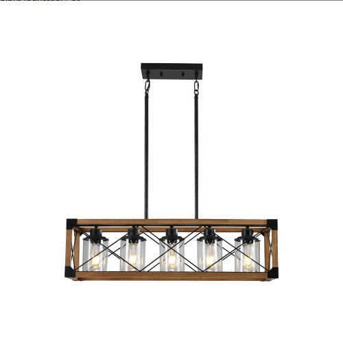 US Local 32 Walnut Industrial Farmhouse Rectangle Pendant Light, 5-Light Chandelier With Lampshades For Dining Room, Kitchen Island, Cafe Decor No Bulbs