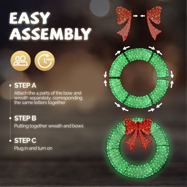 60in Pre-Lit Outdoor Christmas Wreath Decoration, LED Metal Holiday Decor For Home Exterior, Garden W 400 Lights, Bow - Green Red