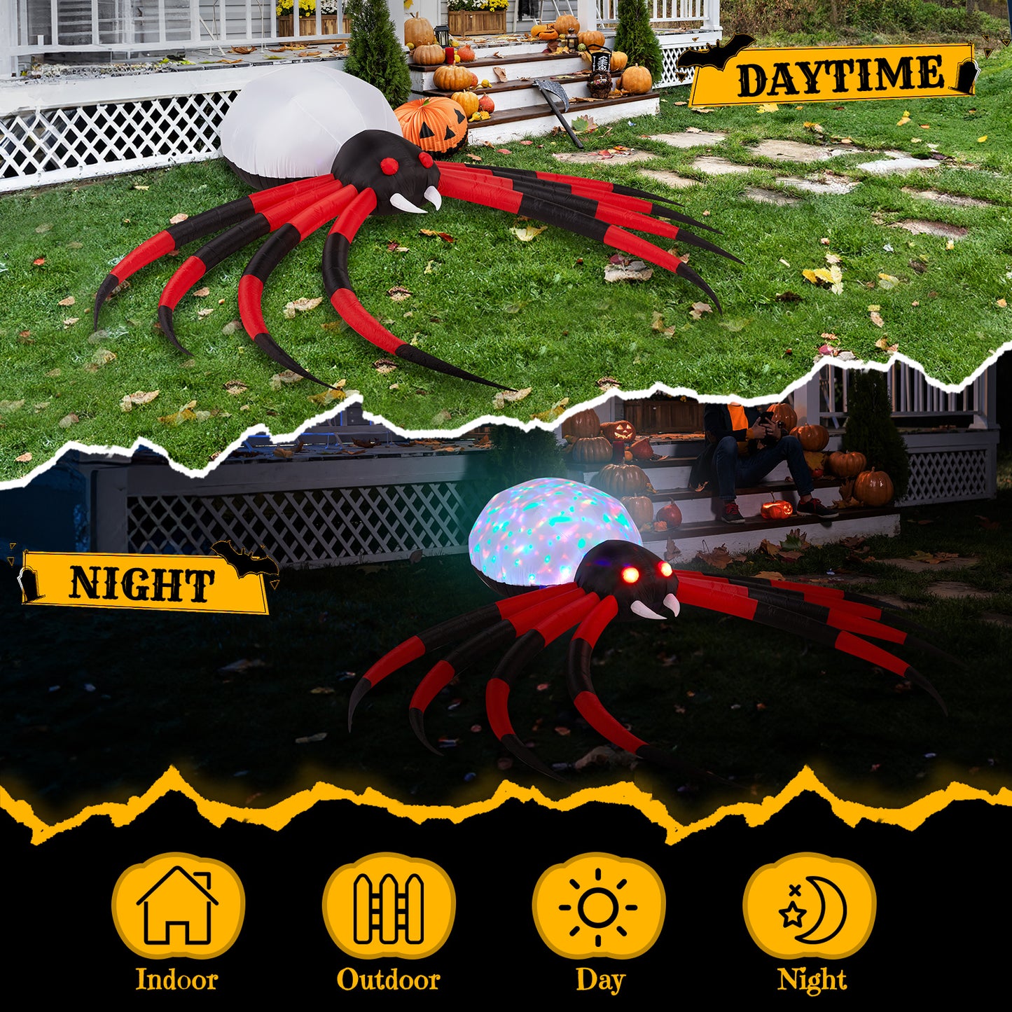 US Local 11.8 FT Halloween Inflatables Crawling Spider Outdoor Decorations with Rotating LED Lights, Scary Halloween Giant Blow up Decorations for Holiday Party Front Yard Lawn Garden Decor