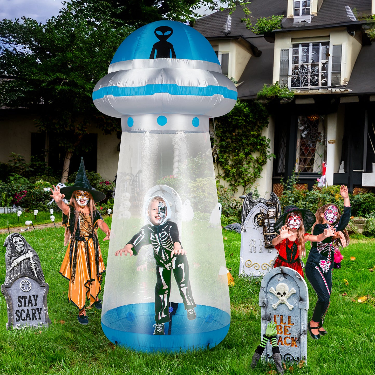 US Local 8.8 FT Halloween Inflatable UFO Yard Decoration, Fun Tall Blow up Yard Decor with Built-in LED Lights and Stand Inside Design for Holiday Party Yard Lawn Garden Decor Indoor Outdoor