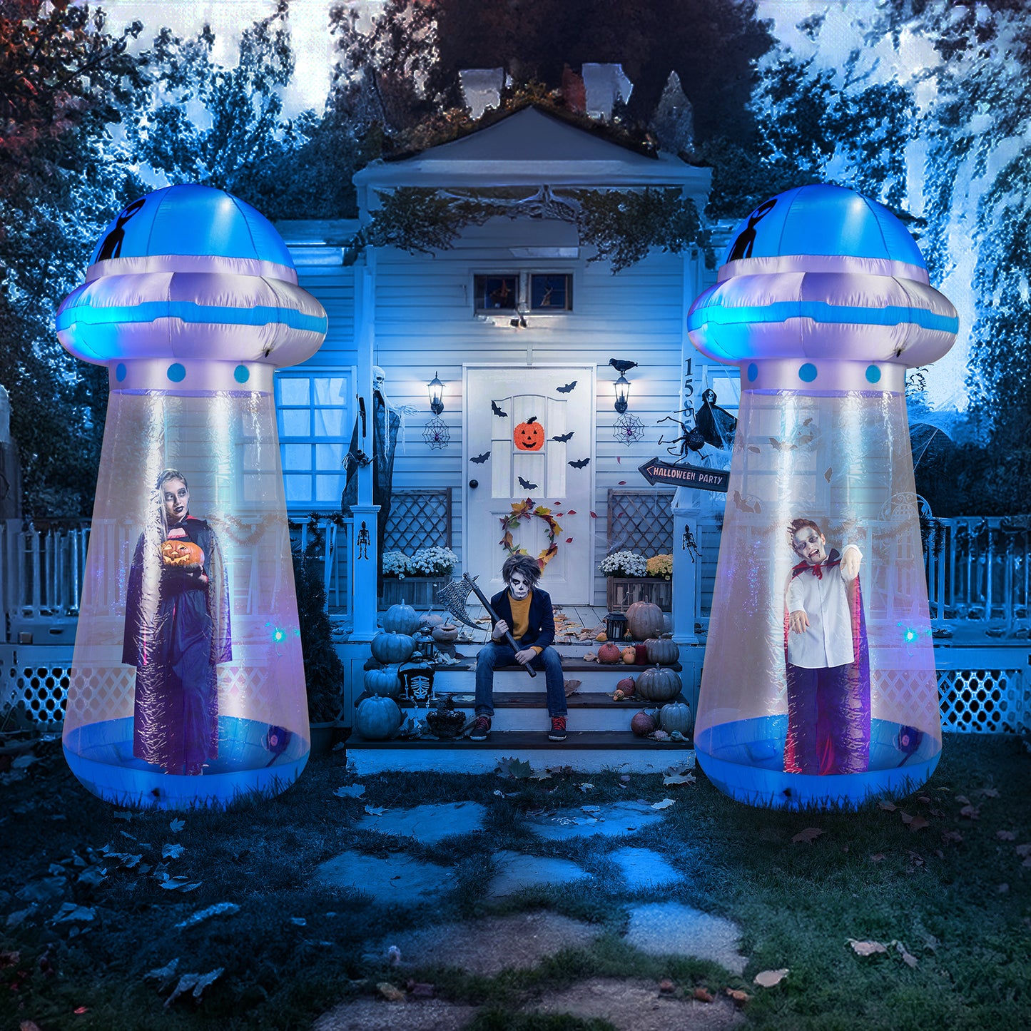 US Local 8.8 FT Halloween Inflatable UFO Yard Decoration, Fun Tall Blow up Yard Decor with Built-in LED Lights and Stand Inside Design for Holiday Party Yard Lawn Garden Decor Indoor Outdoor