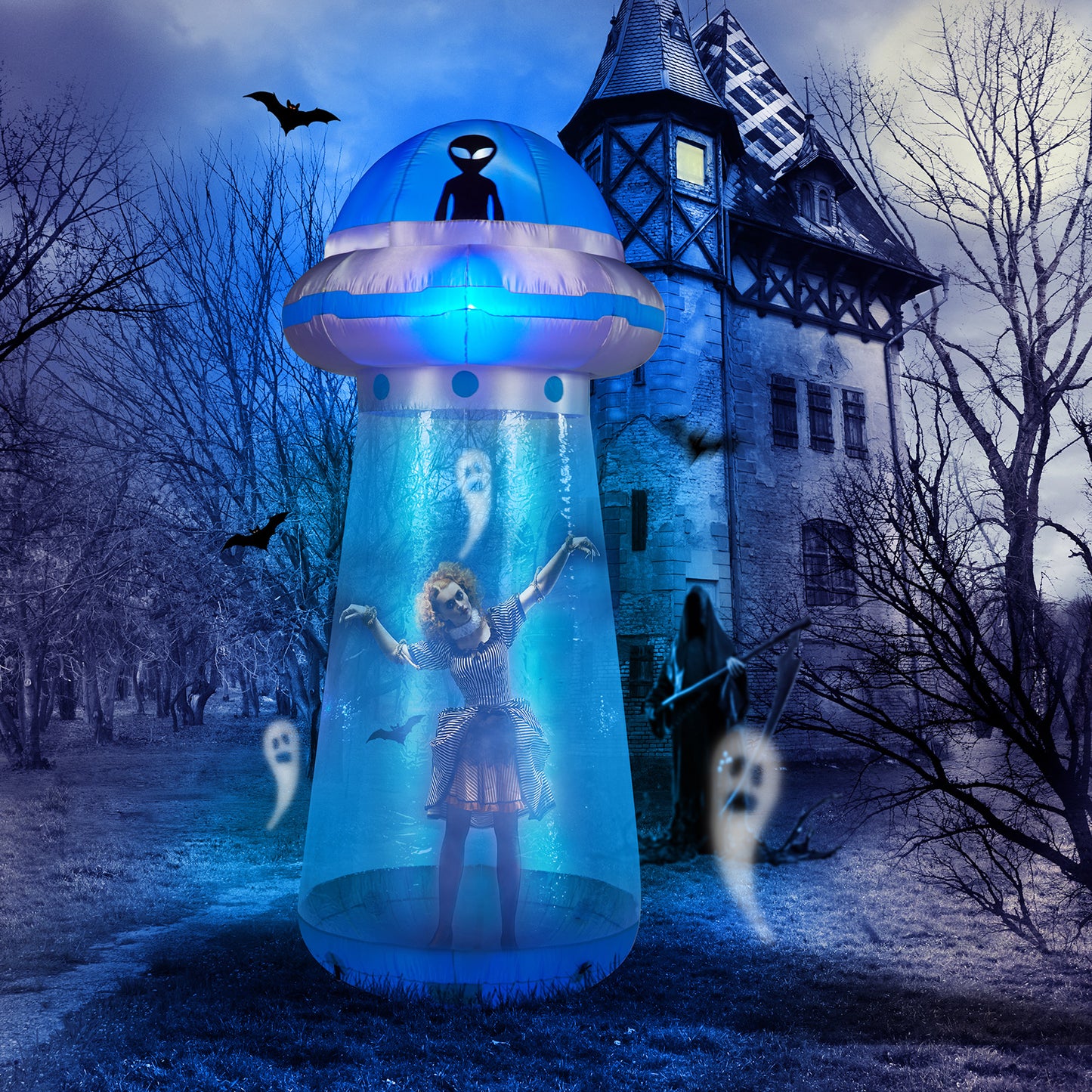 US Local 8.8 FT Halloween Inflatable UFO Yard Decoration, Fun Tall Blow up Yard Decor with Built-in LED Lights and Stand Inside Design for Holiday Party Yard Lawn Garden Decor Indoor Outdoor