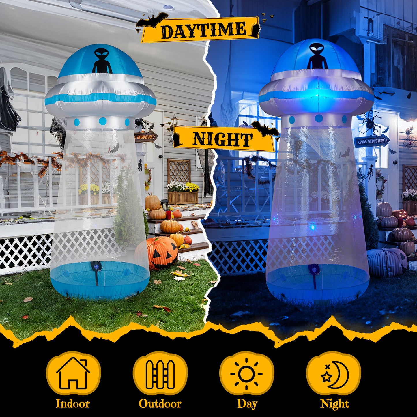 US Local 8.8 FT Halloween Inflatable UFO Yard Decoration, Fun Tall Blow up Yard Decor with Built-in LED Lights and Stand Inside Design for Holiday Party Yard Lawn Garden Decor Indoor Outdoor