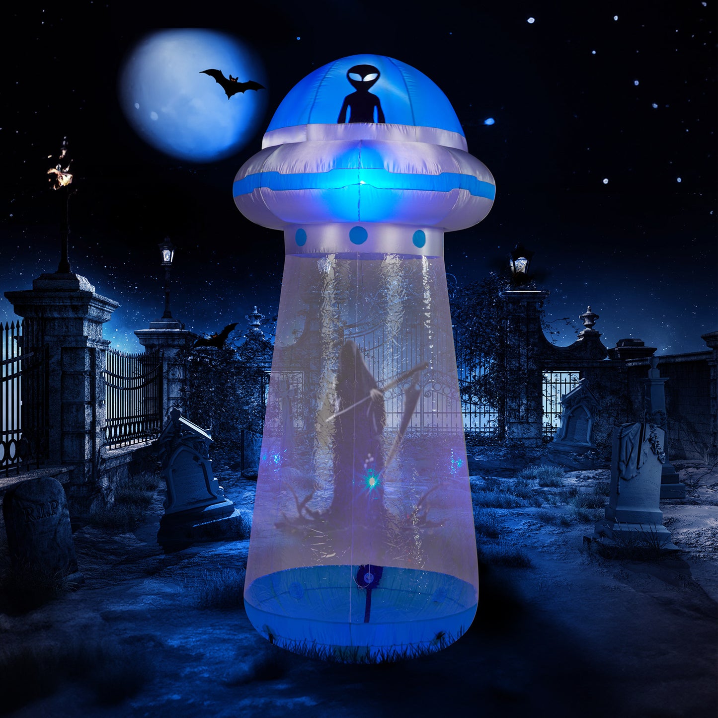 US Local 8.8 FT Halloween Inflatable UFO Yard Decoration, Fun Tall Blow up Yard Decor with Built-in LED Lights and Stand Inside Design for Holiday Party Yard Lawn Garden Decor Indoor Outdoor