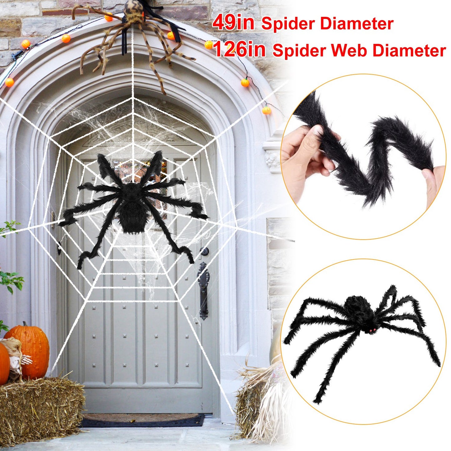 US Local Halloween Decorations Spider Outdoor 49inch Halloween Spider with 126 inch Tarantula Mega Spider Web Hairy Poseable Scary Spider Outdoor Yard Creepy Decor Spider Stretch Cobweb
