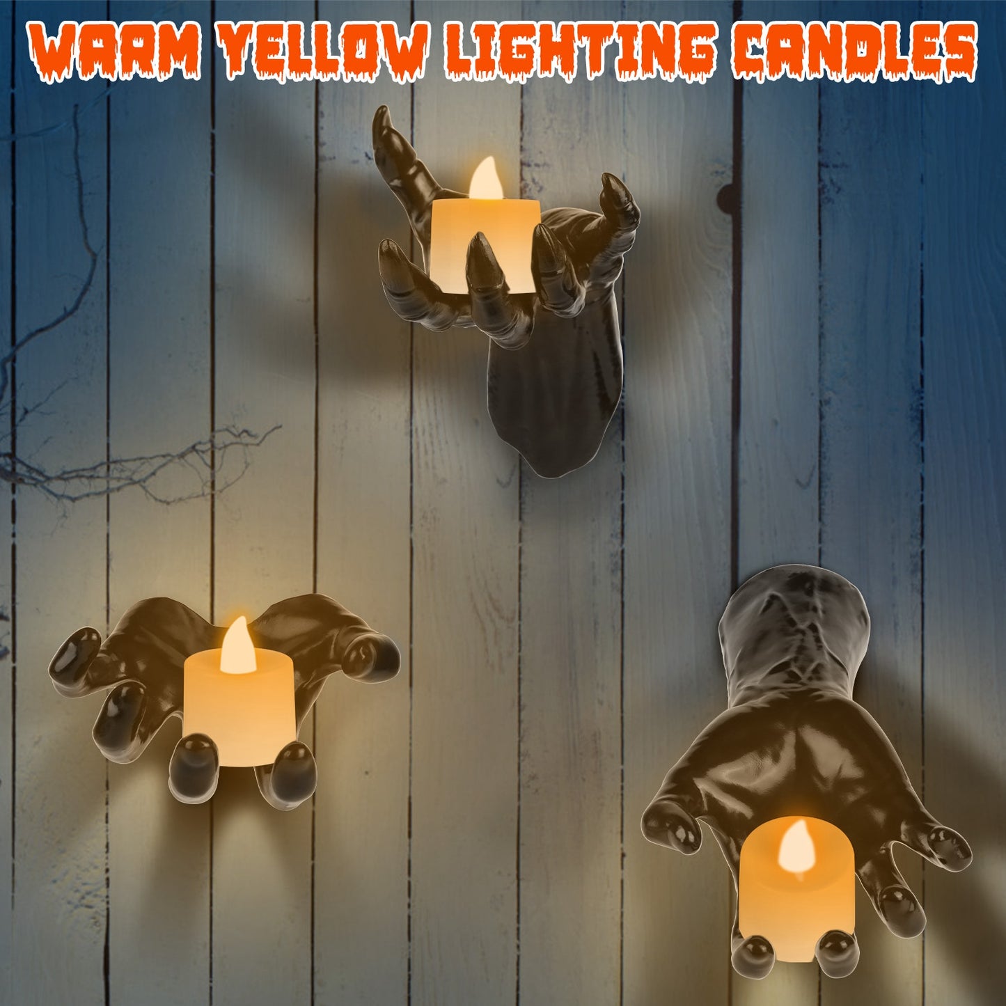 US Local 3Pcs Creepy Reaching Hands With Lighted Candles Wall Mounted Halloween Decoration Witch Devil Hand Aesthetic Goth Gothic Life-Sized Horror Hands Hanging Sculpture