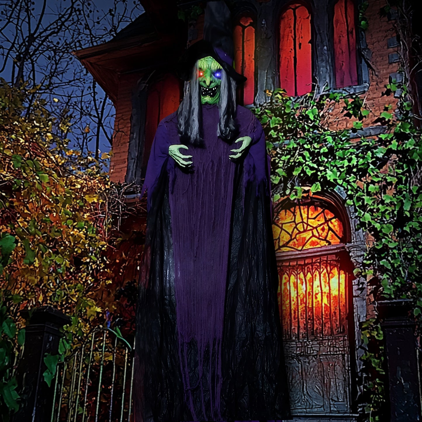 US Local 11.8ft Life Size Hanging Witch Talking Halloween Hanging Decoration
