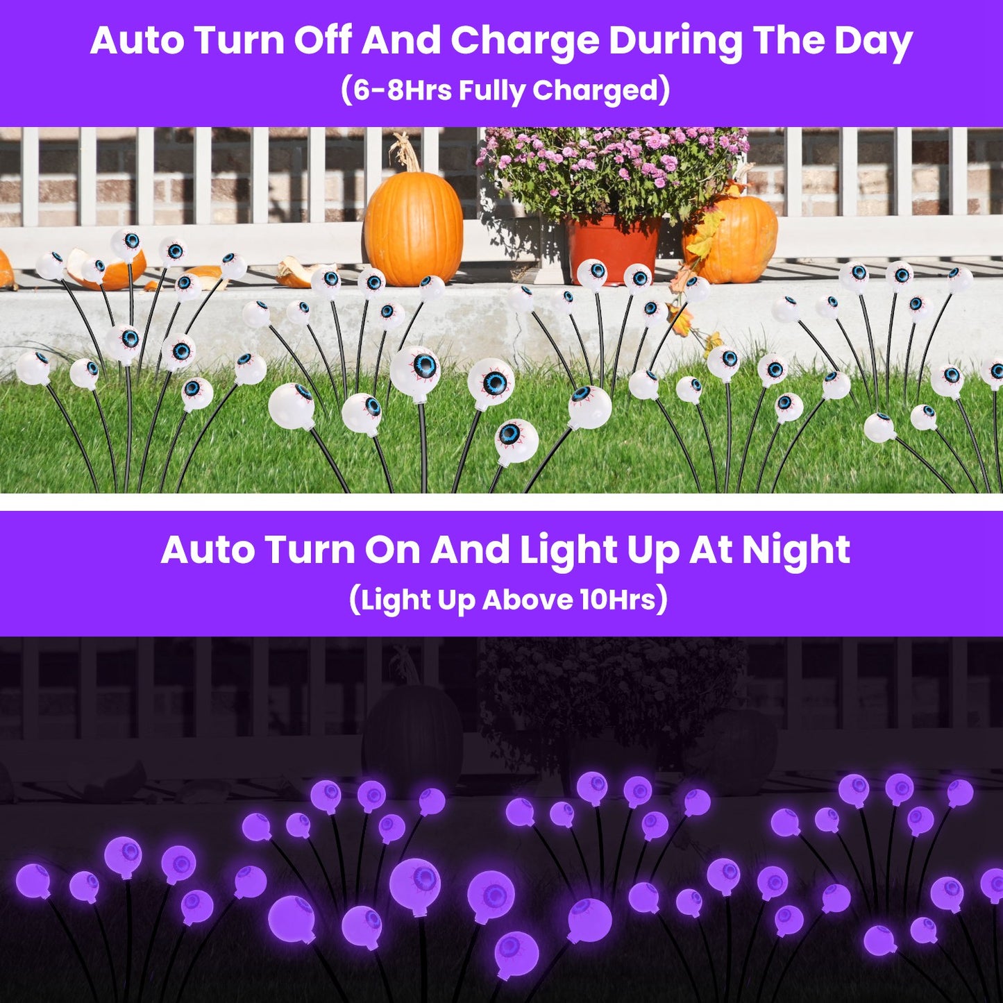 US Local 4Packs Solar Scary Eyeballs Lights Outdoor Halloween Decoration Swaying Light Halloween Path Lights Ornaments with Total 24LED IP65 Waterproof for Yard Garden Patio Party Decor（green+purple）