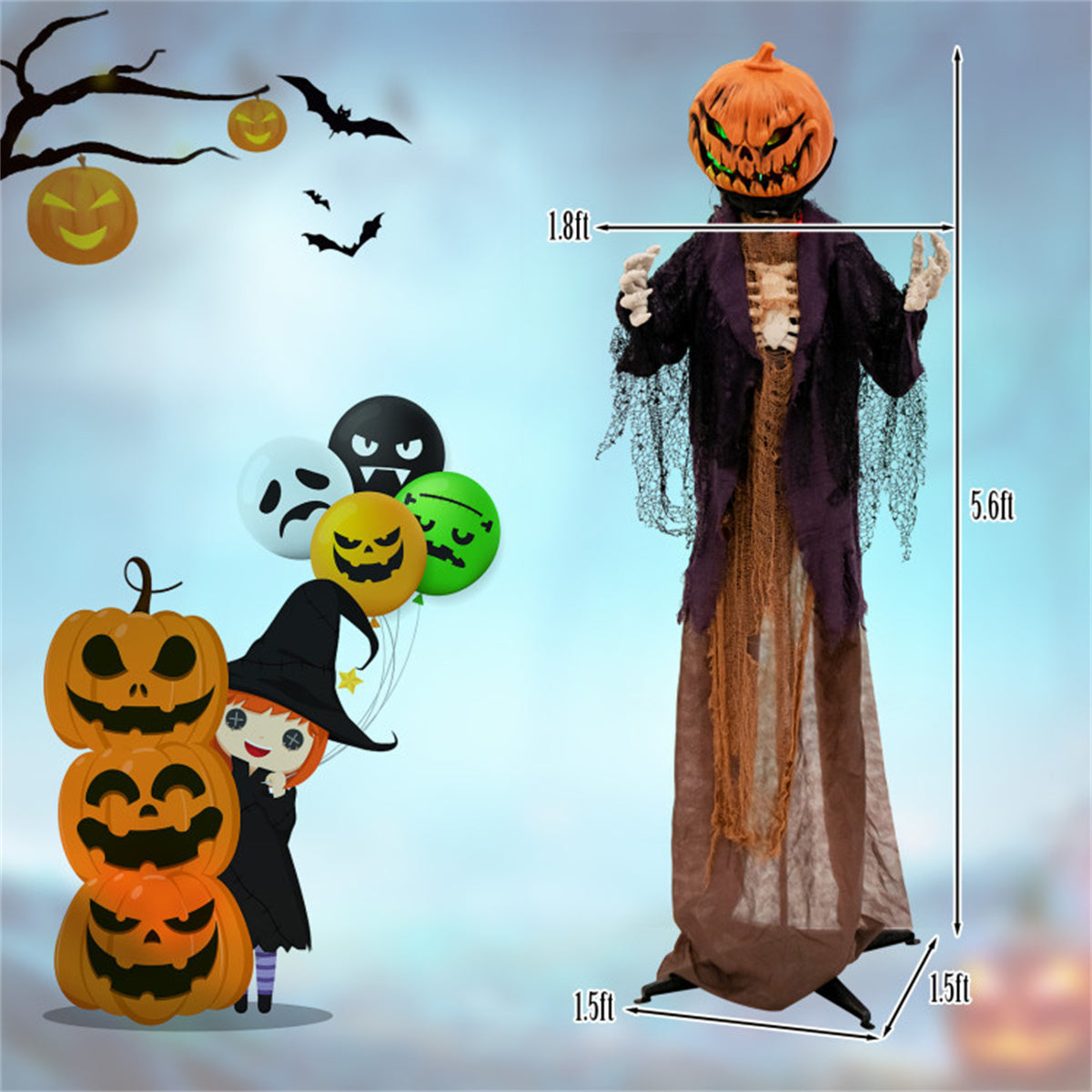 US Local 5.6 Feet Halloween Decoration Animated Standing Pumpkin Scarecrow