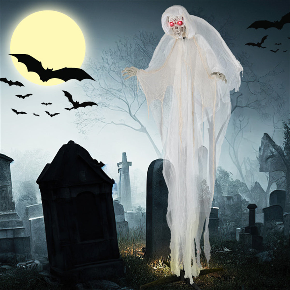 US Local 8.3 ft Halloween Standing Haunted Angel with Lighted Eyes and Automatic Wing Movement