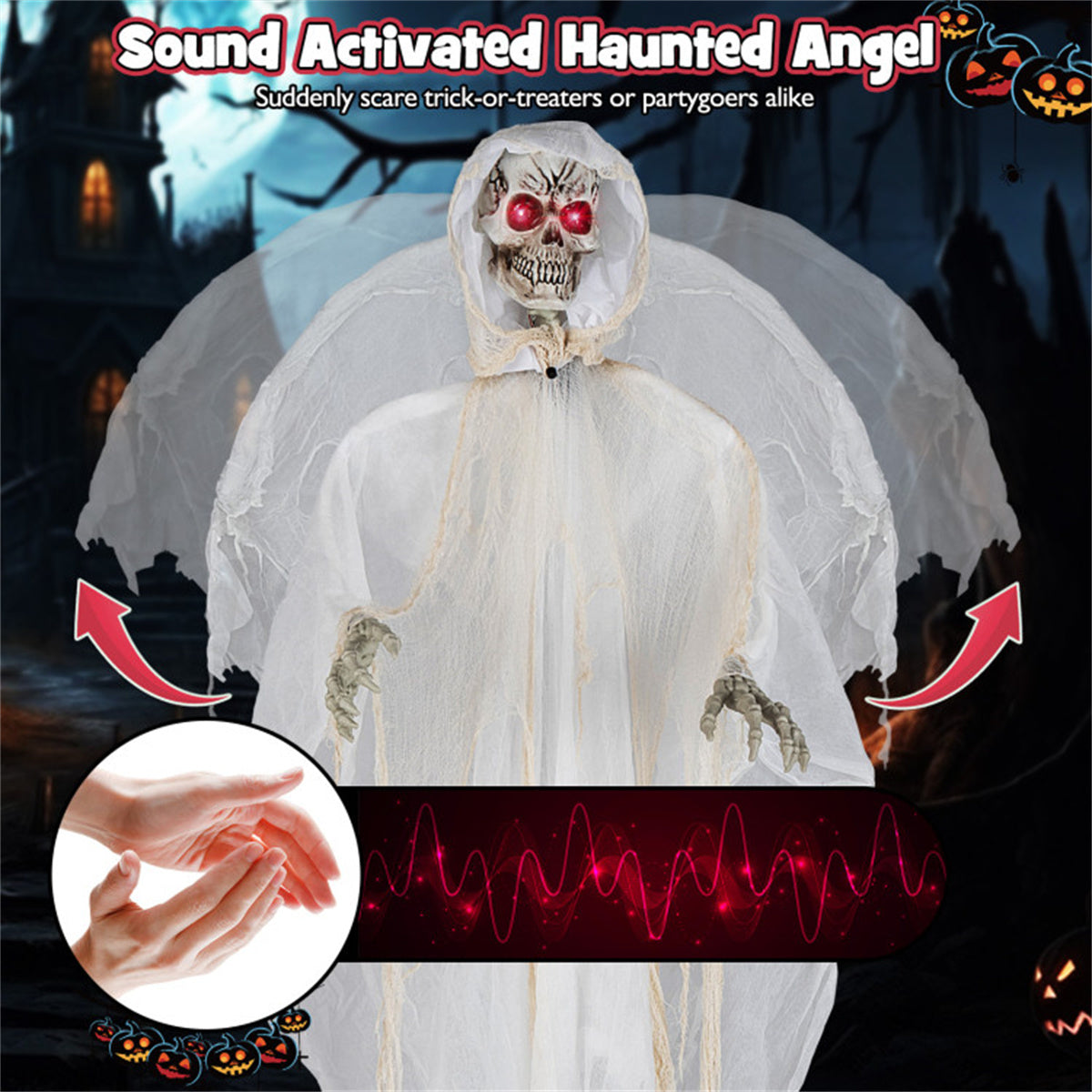 US Local 8.3 ft Halloween Standing Haunted Angel with Lighted Eyes and Automatic Wing Movement