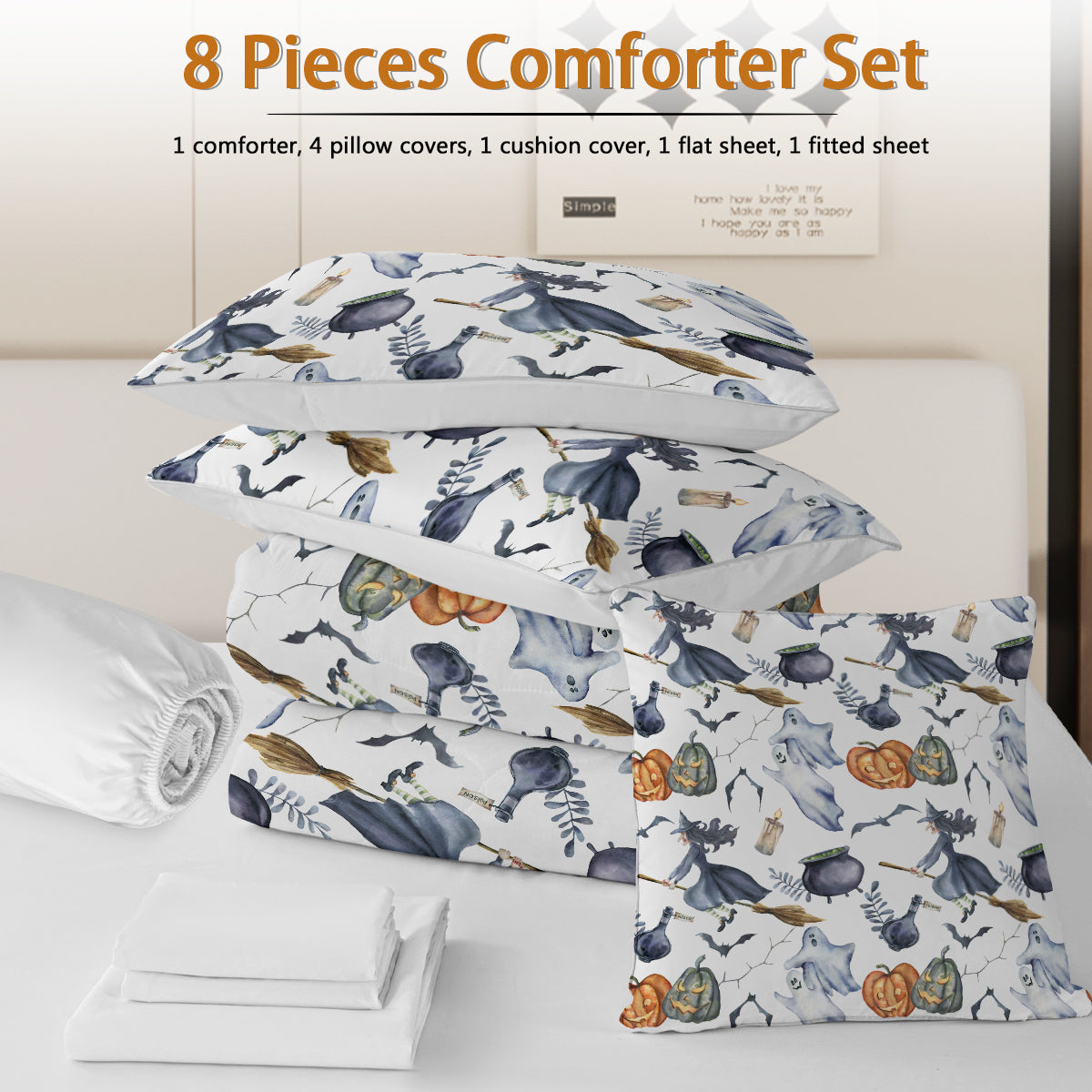 US Local 8PCS Halloween Comforter Set, Witch Pattern Bed in A Bag Bedding