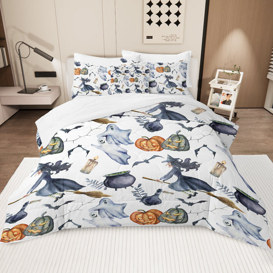 US Local 8PCS Halloween Comforter Set, Witch Pattern Bed in A Bag Bedding