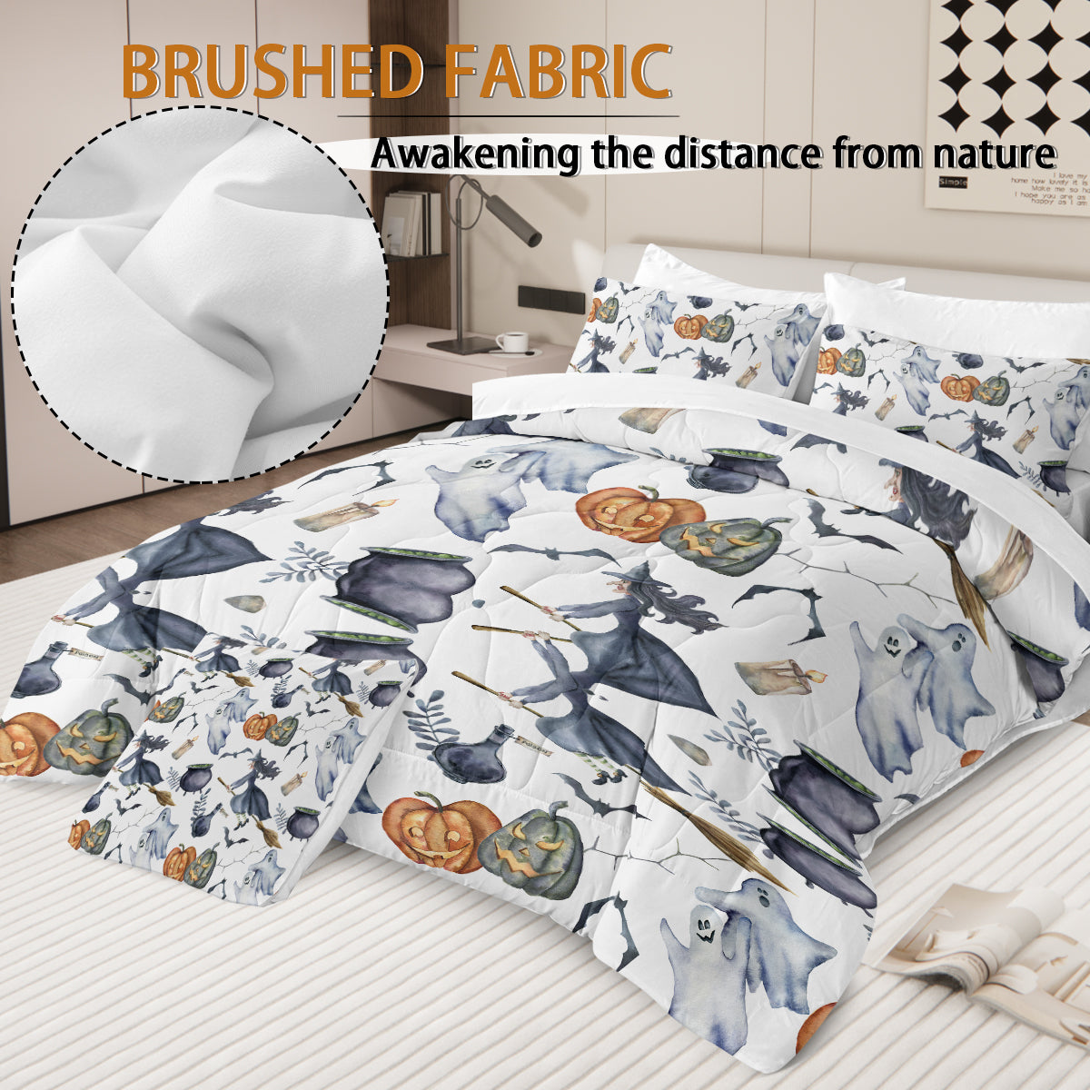 US Local 8PCS Halloween Comforter Set, Witch Pattern Bed in A Bag Bedding