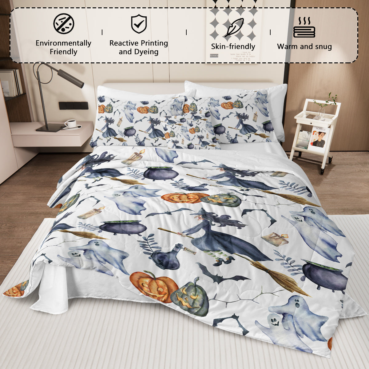 US Local 8PCS Halloween Comforter Set, Witch Pattern Bed in A Bag Bedding