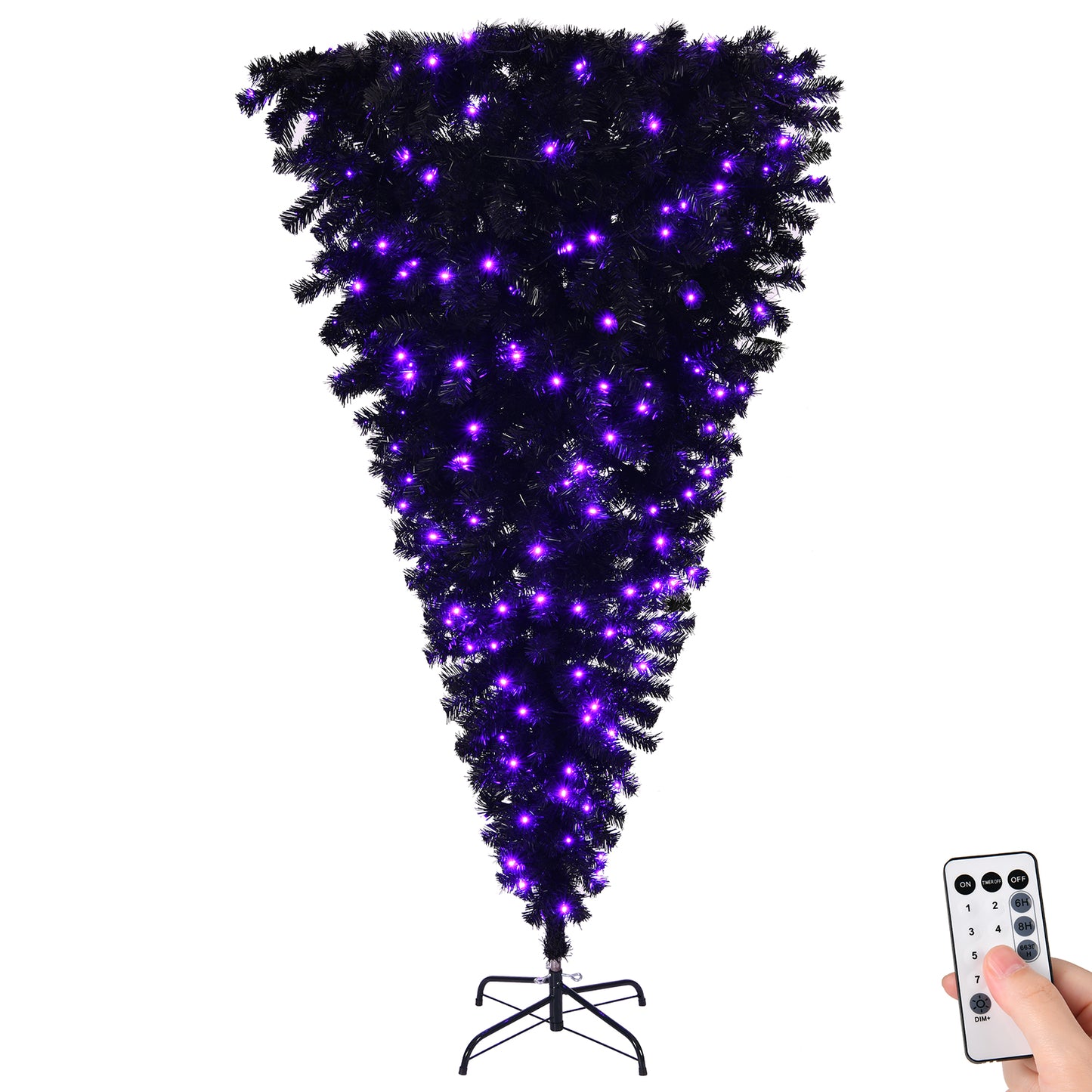 US Local 6 FT Pre-lit Upside Down Artificial Christmas Tree, Black Halloween Tree with 250 Purple Lights and Pumpkin & Skull Ornaments