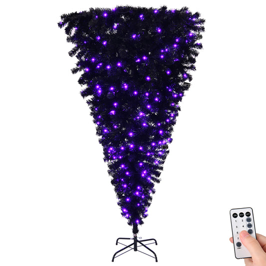 US Local 6 FT Pre-lit Upside Down Artificial Christmas Tree, Black Halloween Tree with 250 Purple Lights and Pumpkin & Skull Ornaments