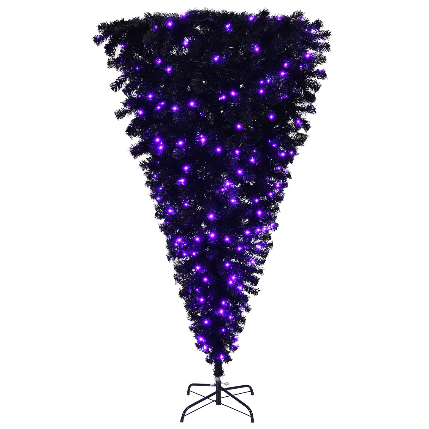 US Local 6 FT Pre-lit Upside Down Artificial Christmas Tree, Black Halloween Tree with 250 Purple Lights and Pumpkin & Skull Ornaments