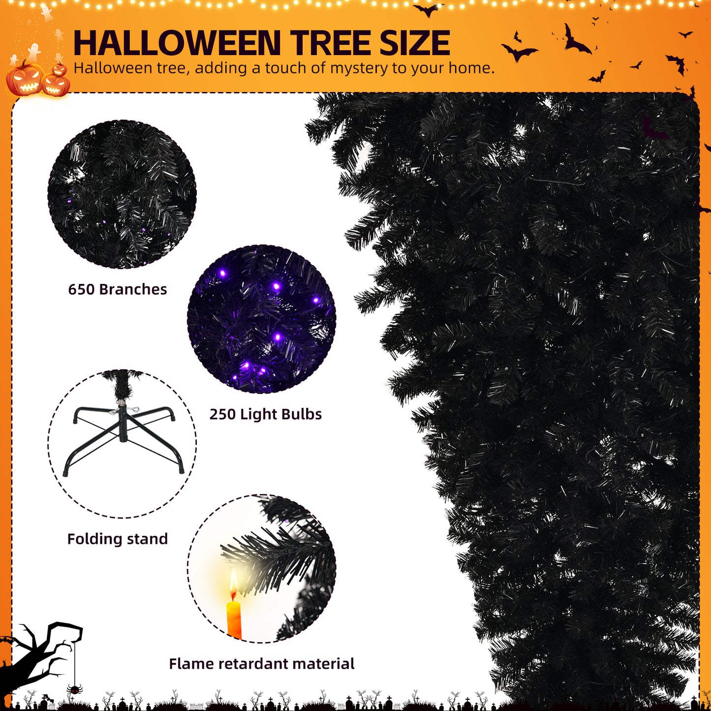 US Local 6 FT Pre-lit Upside Down Artificial Christmas Tree, Black Halloween Tree with 250 Purple Lights and Pumpkin & Skull Ornaments