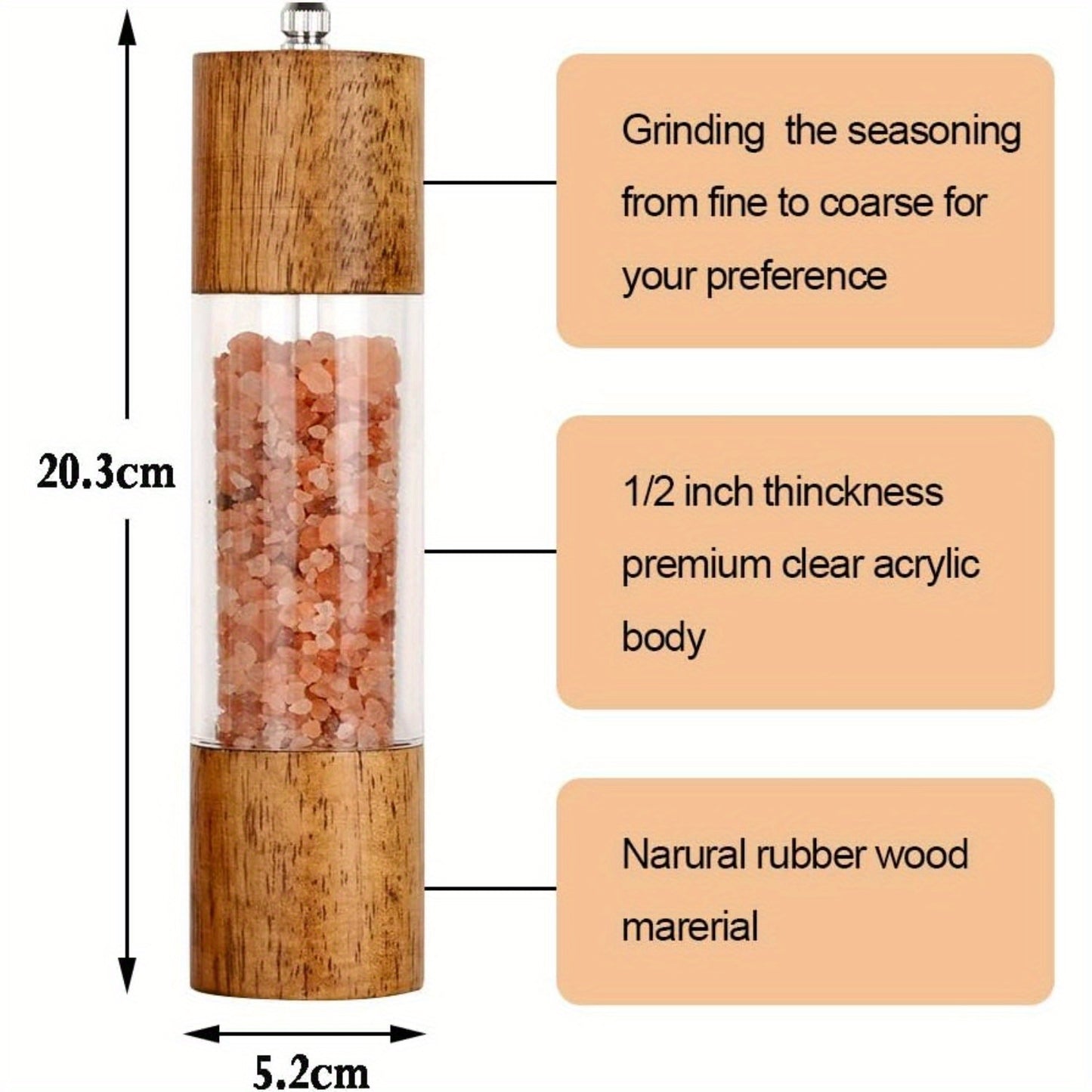 US Local 2 Packs Premium Acrylic Salt and Pepper Mill Set, Manual Salt and Pepper Grinder- Wooden Pepper Grinder Set with Adjustable Ceramic Core-Salt Grinder and Pepper Mill -8 Inches Birthday Christmas Gift