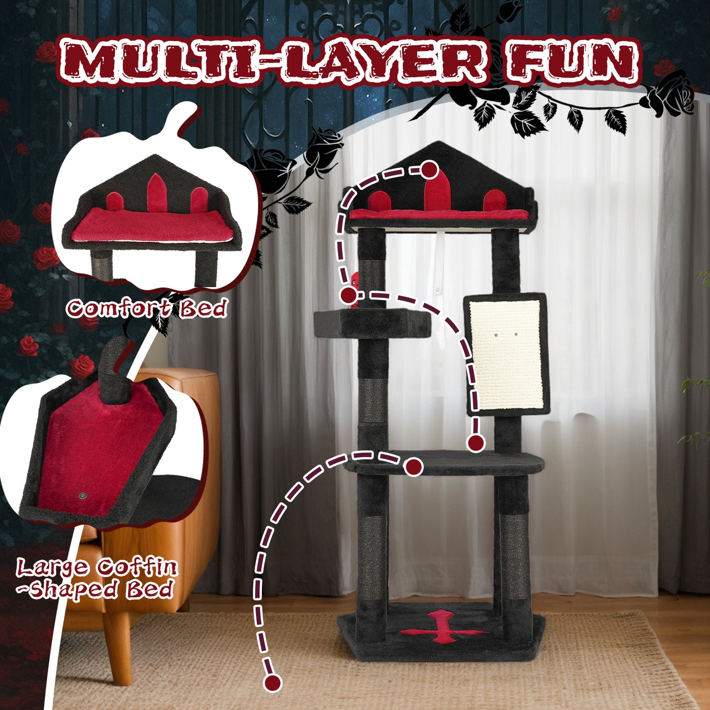 US Local Halloween Gothic Cat Tree - 49in Black Cat Tower with Throne Goth Bed, Coffin-shaped Perch, Durable Sisal Scratching Posts, Goth Cat Tree for Majestic Rest
