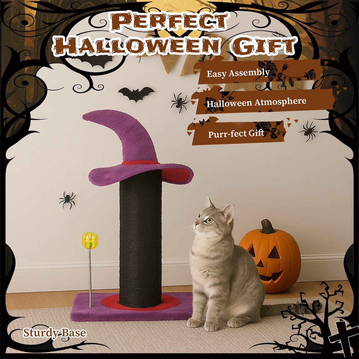 US Local Wizard Hat Cat Scratching Post with Spring Ball Toy for Indoor Cats, Halloween Spooky Cat Scratcher, Purple