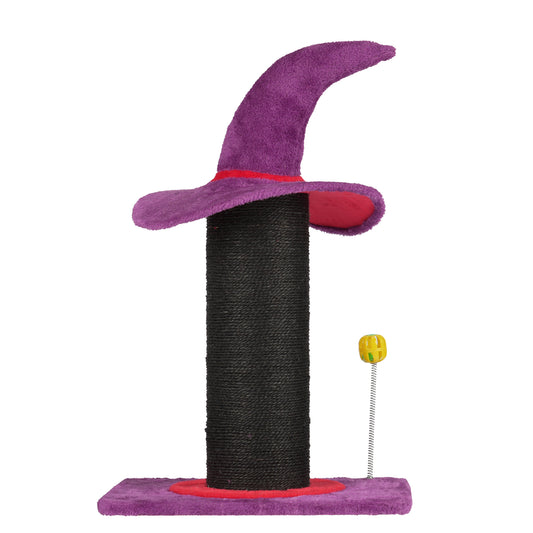 US Local Wizard Hat Cat Scratching Post with Spring Ball Toy for Indoor Cats, Halloween Spooky Cat Scratcher, Purple