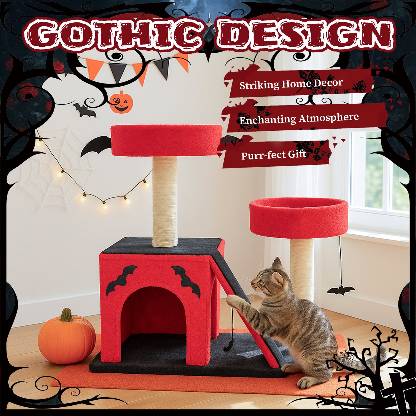 US Local Halloween 26" Gothic Cat Tree, Cat Tower with Spacious Cat Condo, 2 Padded Perches, Spider Toy, Scratching Posts, Scratching Ladder for Large Cats, Red & Black