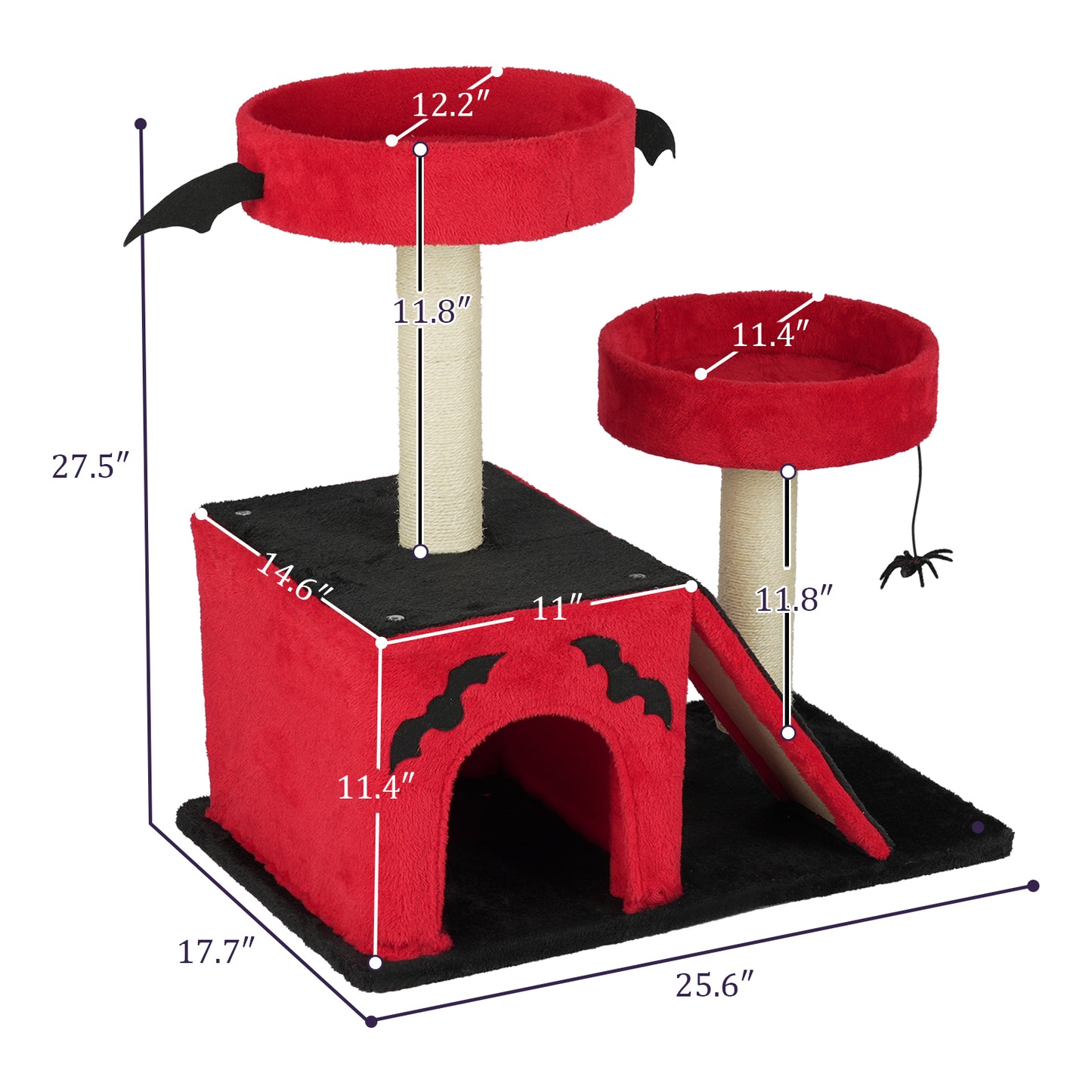 US Local Halloween 26" Gothic Cat Tree, Cat Tower with Spacious Cat Condo, 2 Padded Perches, Spider Toy, Scratching Posts, Scratching Ladder for Large Cats, Red & Black