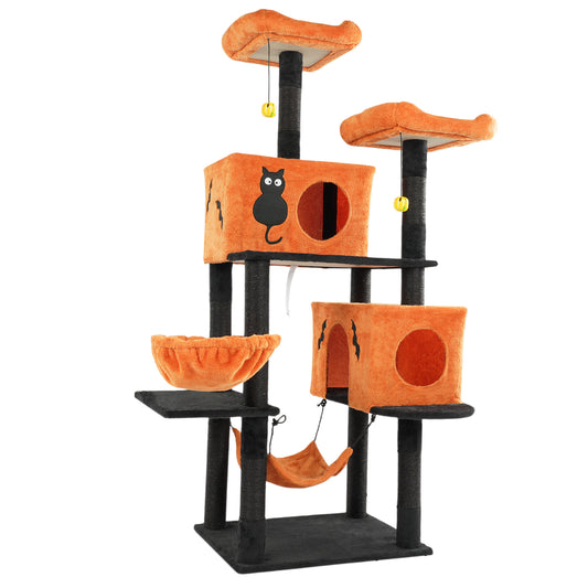 US Local 61" Halloween Cat Tree, Large Cat Tower with 2 Spacious Cat Condos, 2 Padded Perches, 2 Hammocks, Scratching Posts, Hanging Toy, Multi-Level Cat Activities Furniture for Large Cats, Orange & Black