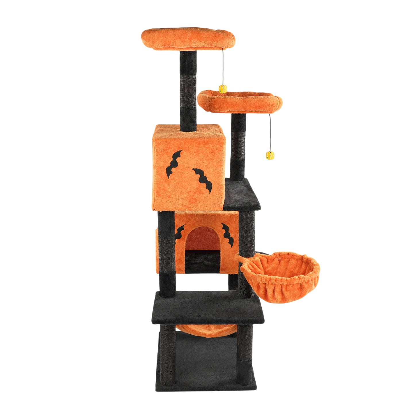 US Local 61" Halloween Cat Tree, Large Cat Tower with 2 Spacious Cat Condos, 2 Padded Perches, 2 Hammocks, Scratching Posts, Hanging Toy, Multi-Level Cat Activities Furniture for Large Cats, Orange & Black