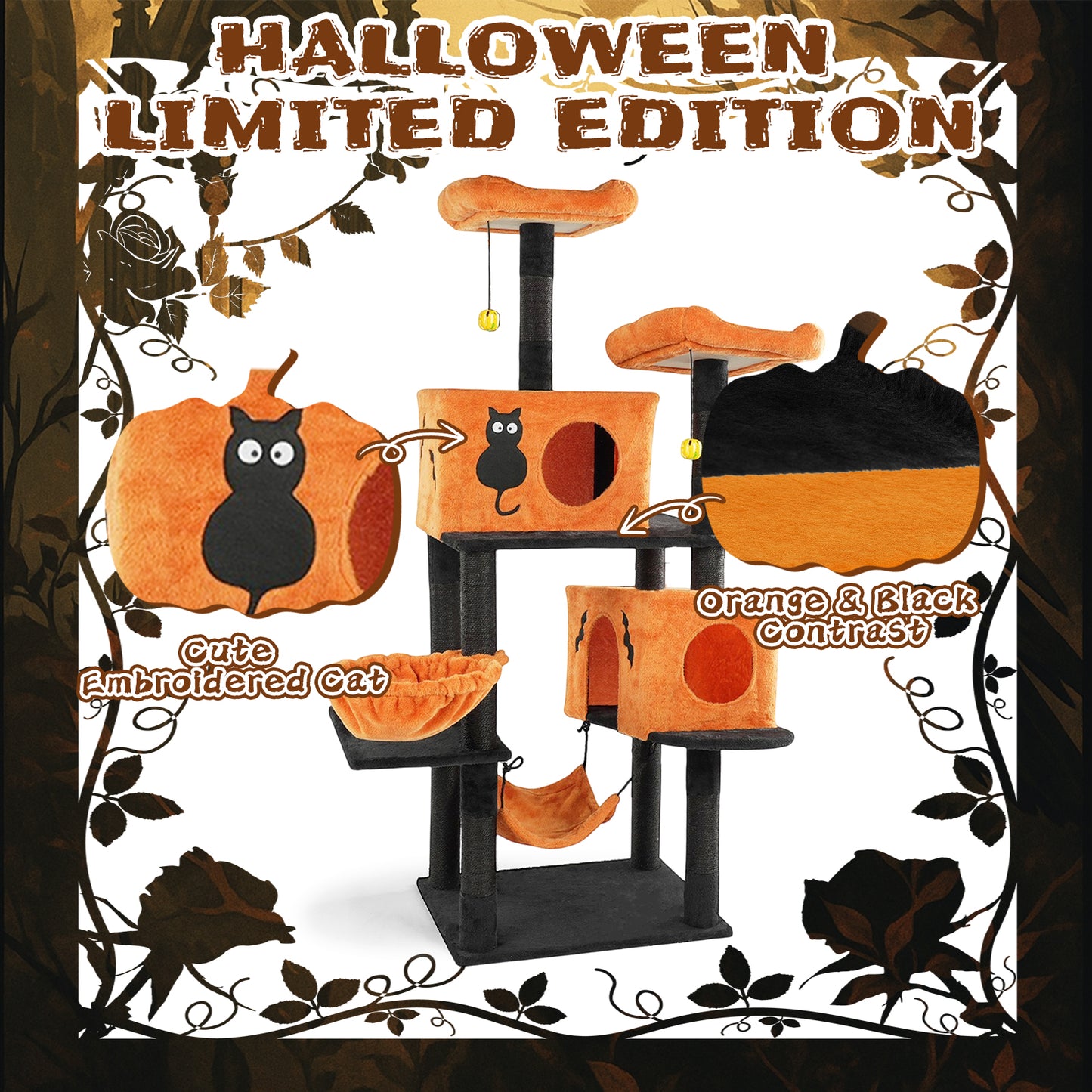 US Local 61" Halloween Cat Tree, Large Cat Tower with 2 Spacious Cat Condos, 2 Padded Perches, 2 Hammocks, Scratching Posts, Hanging Toy, Multi-Level Cat Activities Furniture for Large Cats, Orange & Black